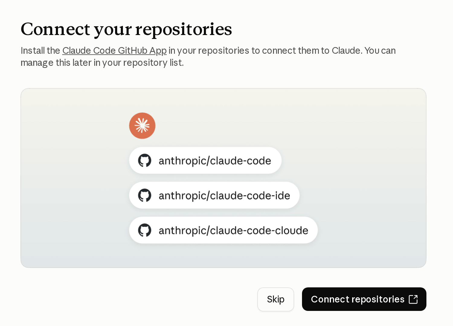 Экран Connect your repositories с просьбой установить Claude GitHub App на твои репозитории, с кнопками Skip и Connect repositories.