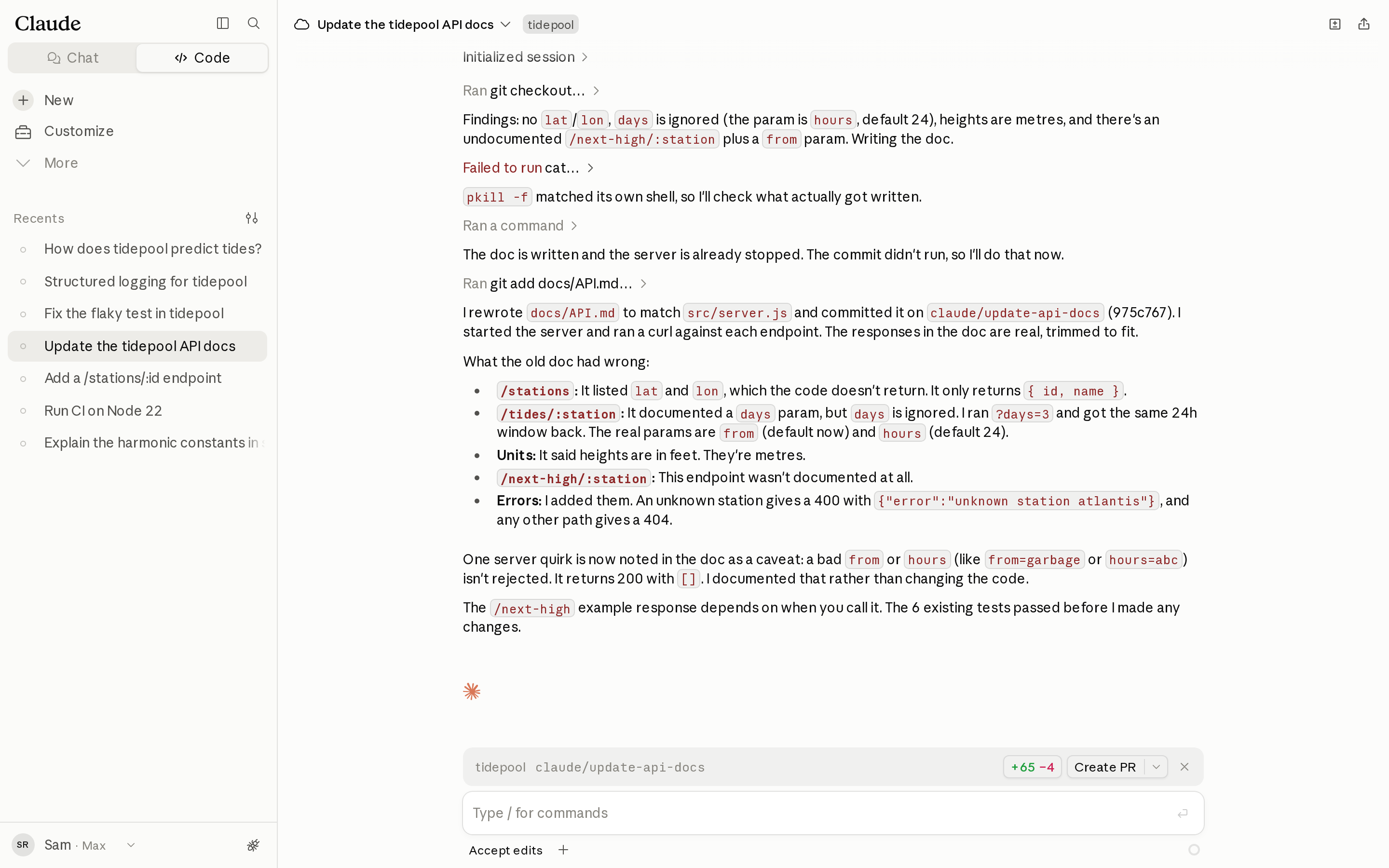 Сессия Update the tidepool API docs: итоги Claude о пяти способах, которыми старый docs/API.md расходился с кодом.