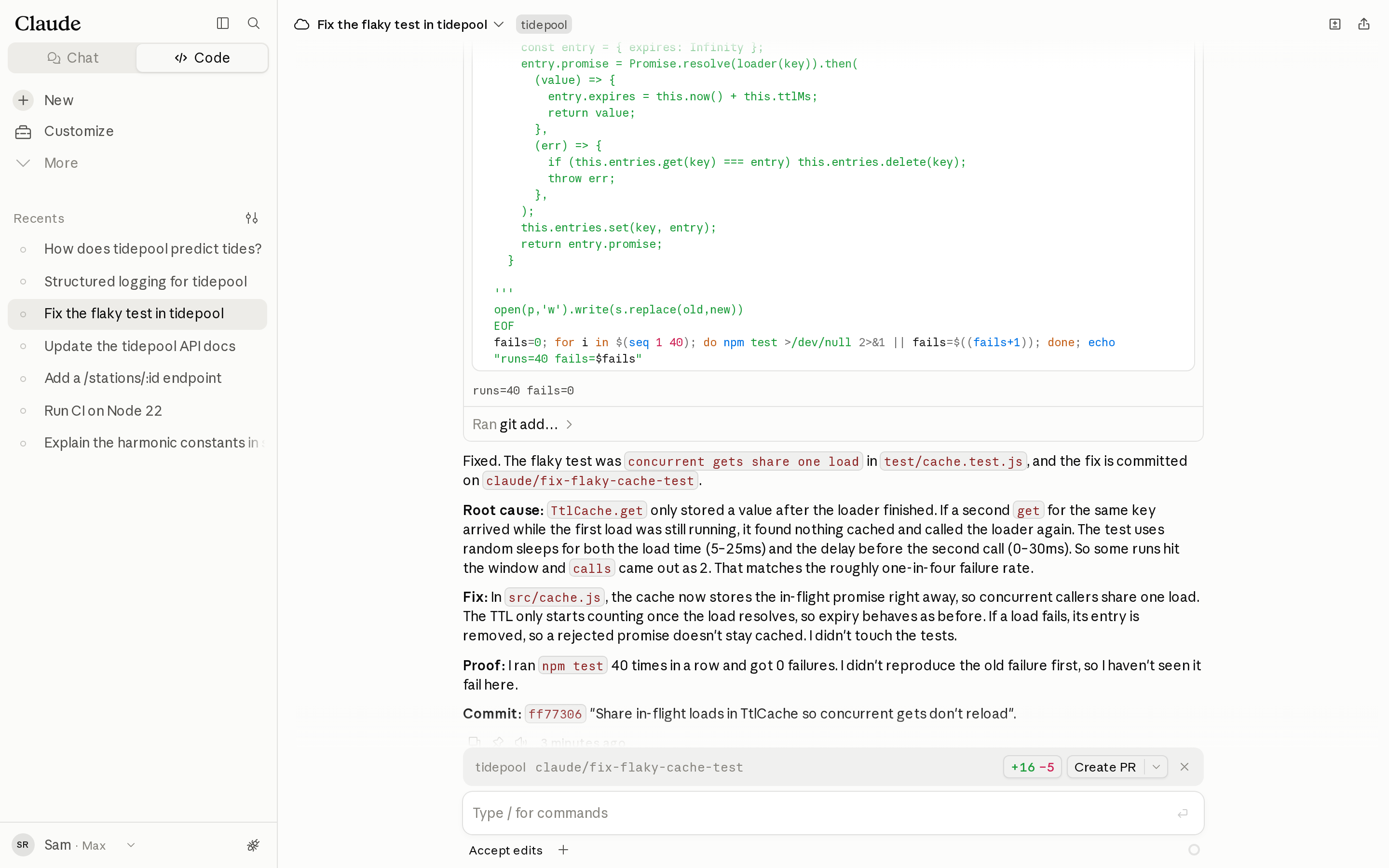 Сессия Fix the flaky test: команда, пропатчившая cache.js и прогнавшая набор тестов 40 раз, её вывод runs=40 fails=0 и объяснение Claude о гонке в TtlCache.get.