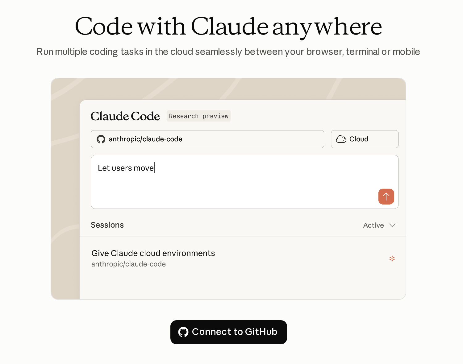 Экран Code with Claude anywhere с кнопкой Connect to GitHub.