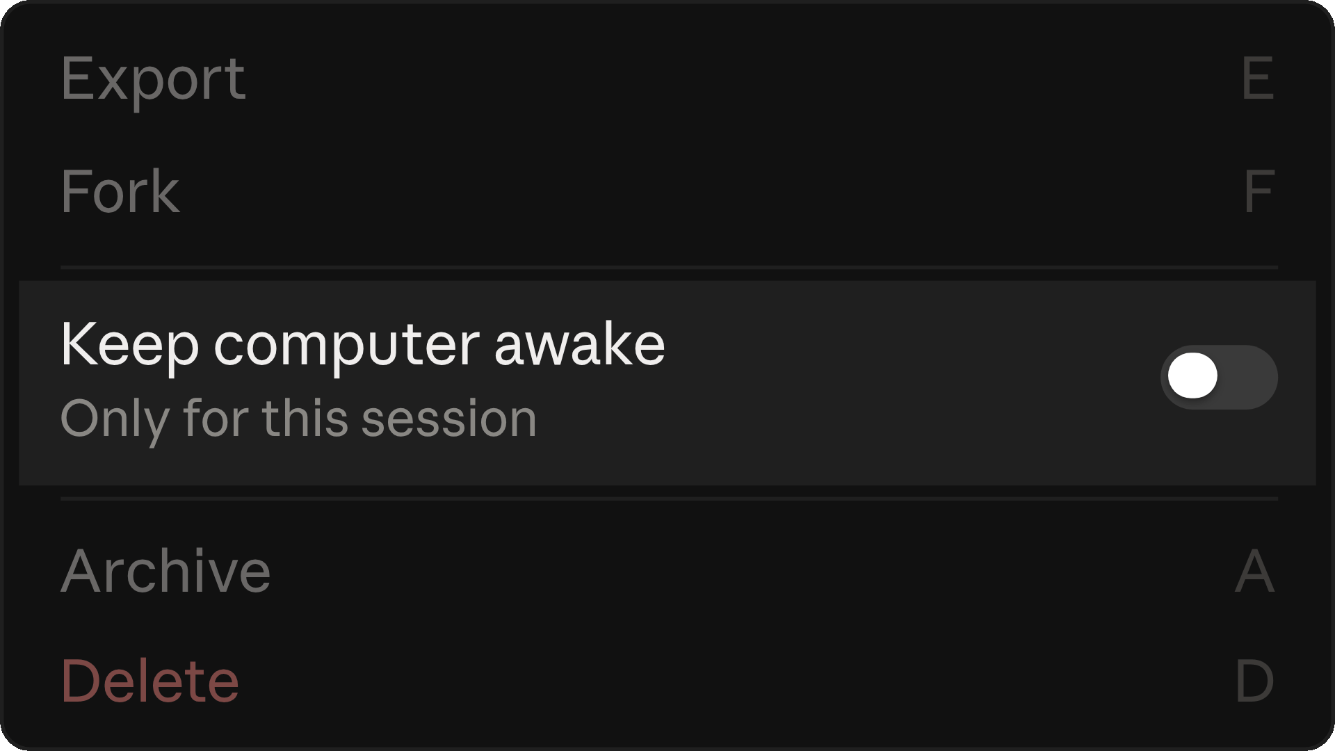 Меню сессии в десктоп-приложении Claude Code с переключателем Keep computer awake