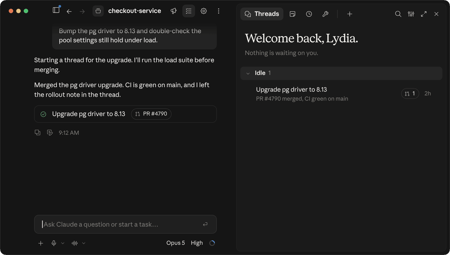 Projects в десктопном приложении Claude Code: слева — разговор, в котором Claude отчитывается, что сделал каждый поток; справа — панель Threads с группами Working, Idle и Resolved